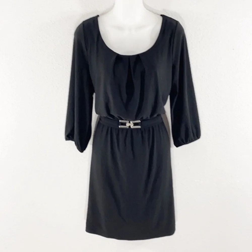 WHBM black blouson attached belt dress